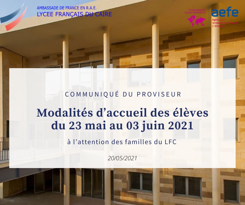 Modalités d'accueil des élèves du 23 mai au 03 juin 2021