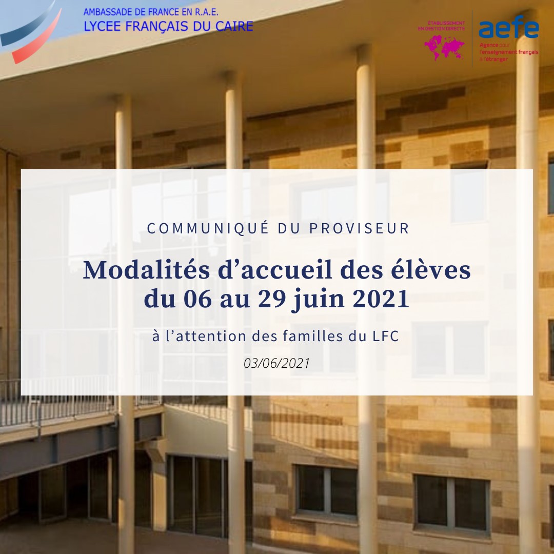 Modalités d'accueil des élèves du 06 juin au 29 juin 2021