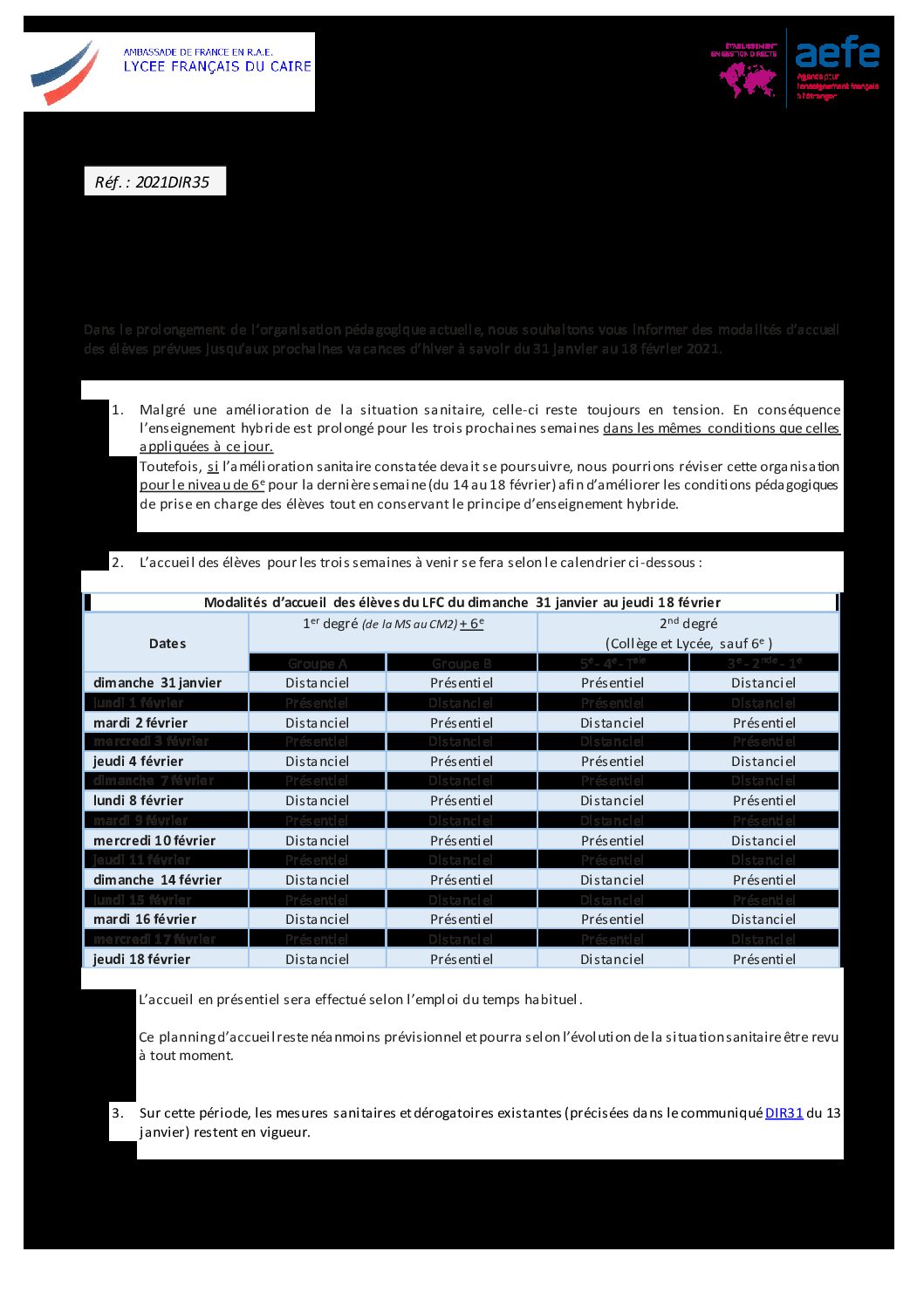 Modalités d'accueil - du 31 janvier au 18 février