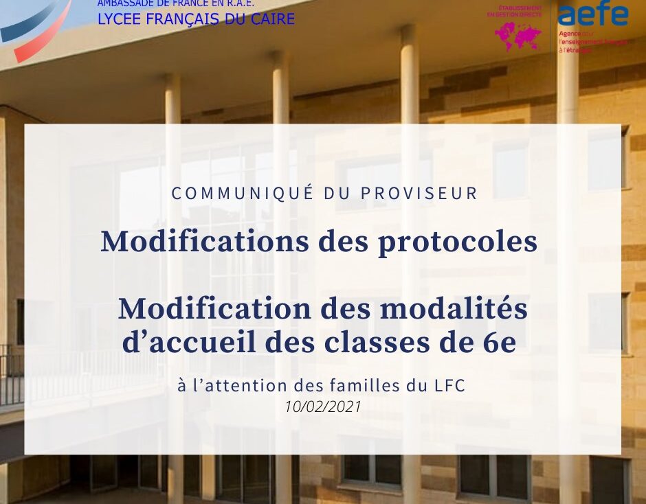 Modifications des protocoles sanitaires / Modification des modalités d'accueil des élèves de 6°